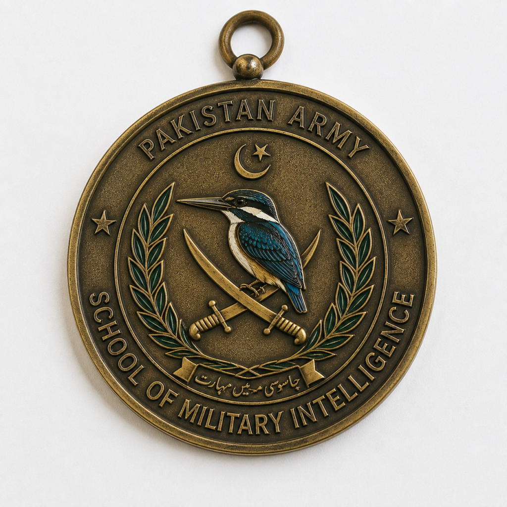 Pakistan Army School of Military Intelligence commemorative medal featuring Kingfisher bird and crossed swords.